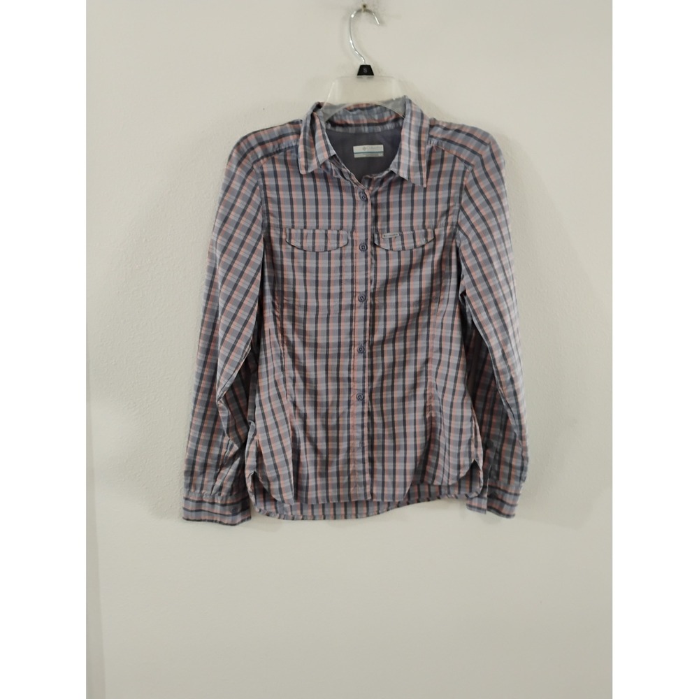 Columbia Womens Plaid Long Sleeve Button Down Hiking Shirt Grey Orange Small